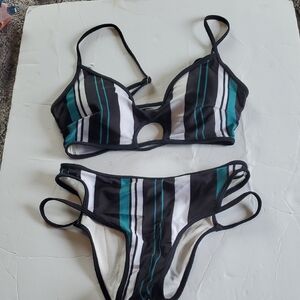Striped Black and Teal Bikini Set New Without Tags
